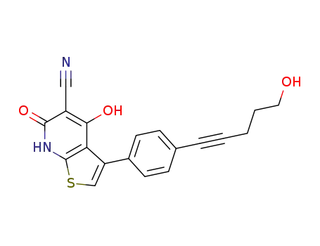 Molecular Structure of 844501-74-2 (Thieno[2,3-b]pyridine-5-carbonitrile,
6,7-dihydro-4-hydroxy-3-[4-(5-hydroxy-1-pentynyl)phenyl]-6-oxo-)