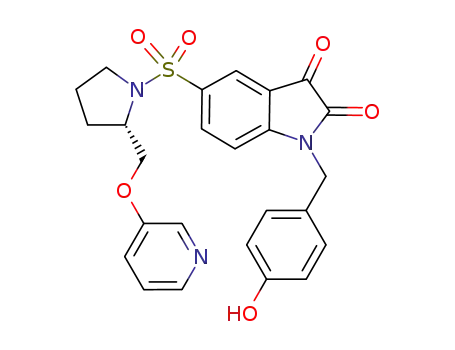 Molecular Structure of 946609-16-1 (1-(4-hydroxy-benzyl)-5-[2-(pyridin-3-yl-oxymethyl)-pyrrolidine-1-sulfonyl]-1H-indole-2,3-dione)