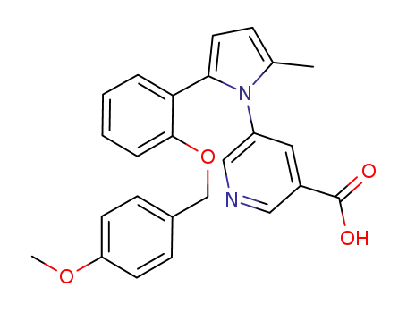 Molecular Structure of 632621-78-4 (3-Pyridinecarboxylic acid,
5-[2-[2-[(4-methoxyphenyl)methoxy]phenyl]-5-methyl-1H-pyrrol-1-yl]-)
