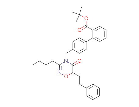 Molecular Structure of 150694-40-9 (4'-<<3-butyl-5,6-dihydro-5-oxo-6-(phenylethyl)-4H-1,2,4-oxadiazin-4-yl>methyl><1,1'-biphenyl>-2-carboxylic acid t-butyl ester)