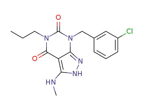 1H-Pyrazolo[3,4-d]pyrimidine-4,6(5H,7H)-dione,
7-[(3-chlorophenyl)methyl]-3-(methylamino)-5-propyl-
