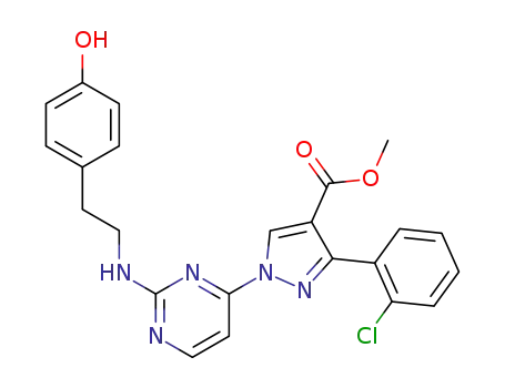 Molecular Structure of 1445890-33-4 (methyl 3-(2-chlorophenyl)-1-(2-{[2-(4-hydroxyphenyl)ethyl]amino}pyrimidin-4-yl)-1H-pyrazole-4-carboxylate)