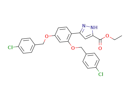 Molecular Structure of 821780-57-8 (1H-Pyrazole-3-carboxylic acid,
5-[2,4-bis[(4-chlorophenyl)methoxy]phenyl]-, ethyl ester)