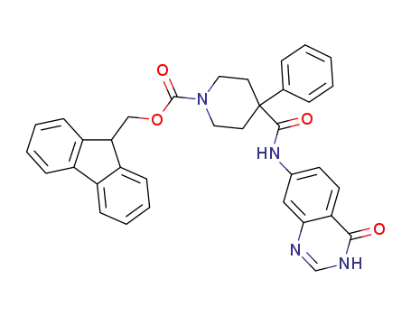 Molecular Structure of 887128-75-8 (4-(4-oxo-3,4-dihydro-quinazolin-7-ylcarbamoyl)-4-phenyl-piperidine-1-carboxylic acid 9H-fluoren-9-ylmethyl ester)