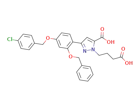 Molecular Structure of 821780-25-0 (1H-Pyrazole-1-butanoic acid,
5-carboxy-3-[4-[(4-chlorophenyl)methoxy]-2-(phenylmethoxy)phenyl]-)