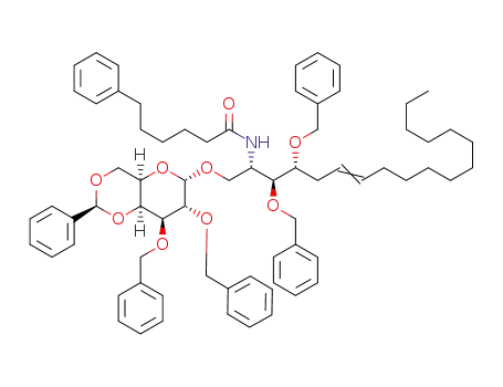 Molecular Structure of 1541195-84-9 ((2S,3S,4R)-3,4-di-O-benzyl-1-O-(2,3-di-O-benzyl-4,6-O-benzylidene-α-D-galactopyranosyl)-2-(6-phenylhexanoylamino)octadec-6-ene-1,3,4-triol)
