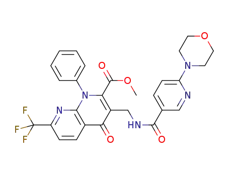 Molecular Structure of 1418025-06-5 (3-{[(6-morpholin-4-yl-pyridine-3-carbonyl)amino]methyl}-4-oxo-1-phenyl-7-trifluoromethyl-1,4-dihydro-[1,8]naphthyridine-2-carboxylic acid methyl ester)