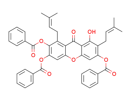 Molecular Structure of 1444763-40-9 (1-hydroxy-3,6,7-tri-O-benzoyl-2,8-bis(3-methyl-2-butenyl)-9-xanthone)