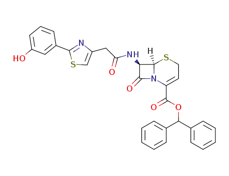 Molecular Structure of 171017-68-8 ((6R,7R)-7-<2-(3-hydroxyphenyl)-4-thiazolyl>acetylamino-8-oxo-5-thia-1-azabicyclo<4.2.0>oct-2-ene-2-carboxylic acid diphenylmethyl ester)