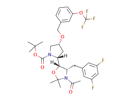 Molecular Structure of 869530-97-2 ((2R,4R)-2-[(4S,5S)-3-acetyl-4-(3,5-difluorobenzyl)-2,2-dimethyloxazolidin-5-yl]-4-(3-trifluoromethoxy-benzyloxy)pyrrolidine-1-carboxylic acid tert-butyl ester)
