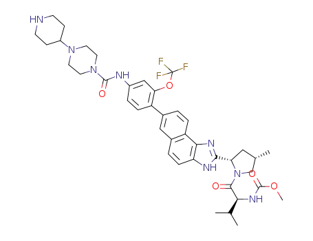 Molecular Structure of 1477816-43-5 ({(S)-2-methyl-1-[(2S,4S)-4-methyl-2-(7-{4-[(4-(piperidin-4-yl)piperazine-1-carbonyl)amino]-2-trifluoromethoxyphenyl}-3H-naphtho[1,2-d]imidazol-2-yl)pyrrolidine-1-carbonyl]propyl}carbamic acid methyl ester)