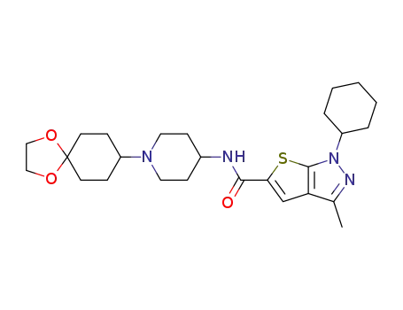 Molecular Structure of 873539-16-3 (1H-Thieno[2,3-c]pyrazole-5-carboxamide,
1-cyclohexyl-N-[1-(1,4-dioxaspiro[4.5]dec-8-yl)-4-piperidinyl]-3-methyl-)