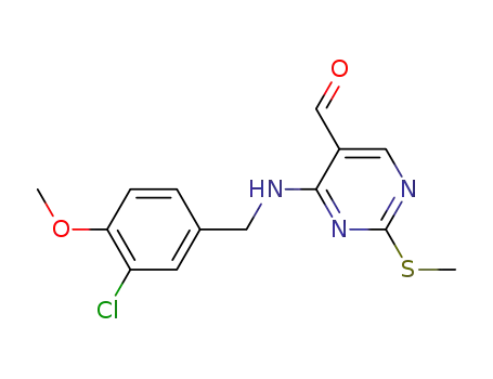 Molecular Structure of 330785-86-9 (5-Pyrimidinecarboxaldehyde,
4-[[(3-chloro-4-methoxyphenyl)methyl]amino]-2-(methylthio)-)
