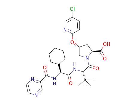 Molecular Structure of 850251-59-1 (4-(5-chloro-pyridin-2-yloxy)-1-(2-{2-cyclohexyl-2-[(pyrazine-2-carbonyl)-amino]-acetylamino}-3,3-dimethyl-butyryl)-pyrrolidine-2-carboxylic acid)
