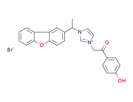 Molecular Structure of 1449604-31-2 (1-(1-(dibenzo[b,d]furan-2-yl)ethyl)-3-(2-(4-hydroxyphenyl)-2-oxoethyl)-1H-imidazol-3-ium bromide)