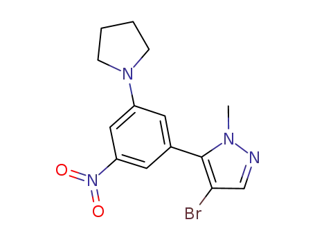 Molecular Structure of 573711-92-9 (1H-Pyrazole, 4-bromo-1-methyl-5-[3-nitro-5-(1-pyrrolidinyl)phenyl]-)