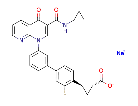 Molecular Structure of 934995-88-7 (Cyclopropanecarboxylic acid, 2-[3'-[3-[(cyclopropylamino)carbonyl]-4-oxo-1,8-naphthyridin-1(4H)-yl]-3-fluoro[1,1'-biphenyl]-4-yl]-, sodium salt (1:1), (1R,2R)-)