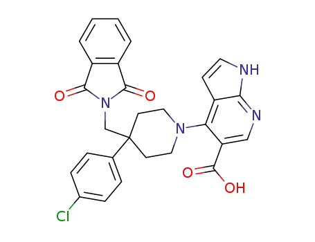 Molecular Structure of 885500-57-2 (4-[4-(4-chlorophenyl)-4-(1,3-dioxo-1,3-dihydroisoindol-2-ylmethyl)-piperidin-1-yl]-1H-pyrrolo[2,3-b]pyridine-5-carboxylic acid)