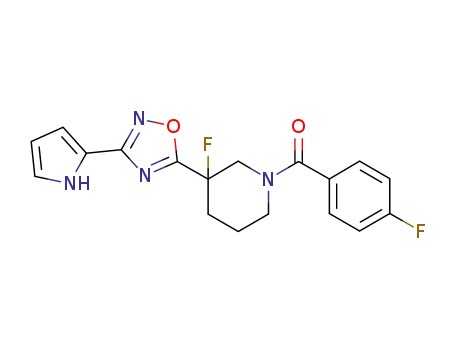 Molecular Structure of 915229-31-1 ((4-fluoro-phenyl)-{3-fluoro-3-[3-(1H-pyrrol-2-yl)-[1,2,4]oxadiazol-5-yl]-piperidin-1-yl}-methanone)