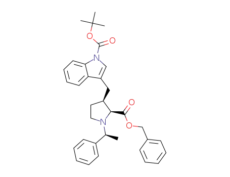 Molecular Structure of 1048039-40-2 (tert-butyl 3-(((2S,3R)-2-(benzyloxycarbonyl)-1-((S)-1-phenylethyl)pyrrolidin-3-yl)methyl)-1H-indole-1-carboxylate)