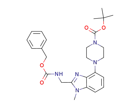 Molecular Structure of 878024-92-1 (1-Piperazinecarboxylic acid,
4-[1-methyl-2-[[[(phenylmethoxy)carbonyl]amino]methyl]-1H-benzimidaz
ol-4-yl]-, 1,1-dimethylethyl ester)