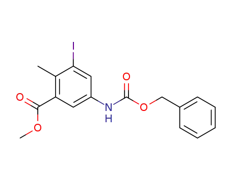 Molecular Structure of 808127-85-7 (Benzoic acid, 3-iodo-2-methyl-5-[[(phenylmethoxy)carbonyl]amino]-,
methyl ester)