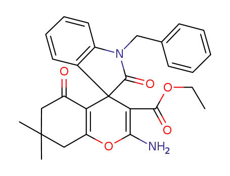 Molecular Structure of 934056-02-7 (ethyl 2-amino-1'-benzyl-7,7-trimethyl-2',5-dioxo-1',2',5,6,7,8-hexahydrospiro[chromene-4,3'-indole]-3-carboxylate)