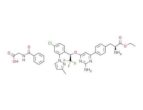 Molecular Structure of 1137608-69-5 (4-[2-Amino-6-[(1R)-1-[4-chloro-2-(3-methyl-1H-pyrazol-1-yl)phenyl]-2,2,2-trifluoroethoxy]-4-pyrimidinyl]-L-phenylalanine ethyl ester N-benzoylglycine salt)