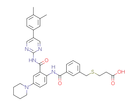 3-(3-(2-(5-(3,4-dimethylphenyl)pyrimidin-2-ylcarbamoyl)-4-(piperidin-1-yl)phenylcarbamoyl)benzylthio)propanoic acid