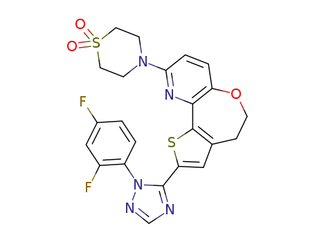 Molecular Structure of 1282524-08-6 (2-[2-(2,4-Difluoro-phenyl)-2H-[1,2,4]triazol-3-yl]-9-(1,1-dioxo-S-thiomorpholin-4-yl)-4,5-dihydro-6-oxa-1-thia-10-aza-benzo[e]azulene)
