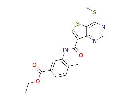 Molecular Structure of 1318242-77-1 (ethyl 4-methyl-3-(4-(methylthio)thieno[3,2-d]pyrimidine-7-carboxamido)benzoate)