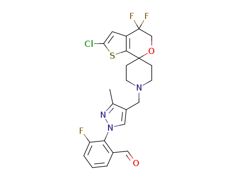 Molecular Structure of 1307314-58-4 (2-[4-[(2-chloro-4,4-difluoro-spiro[5H-thieno[2,3-c]pyran-7,4'-piperidine]-1'-yl)methyl]-3-methyl-pyrazol-1-yl]-3-fluoro-benzaldehyde)
