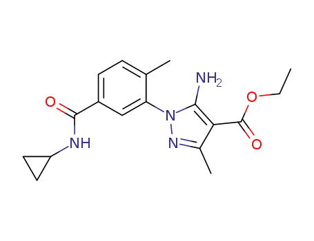 Molecular Structure of 836683-11-5 (1H-Pyrazole-4-carboxylic acid,
5-amino-1-[5-[(cyclopropylamino)carbonyl]-2-methylphenyl]-3-methyl-,
ethyl ester)