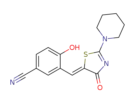 Molecular Structure of 1181081-60-6 (4-hydroxy-3-{[(5Z)-4-oxo-2-(piperidin-1-yl)-4,5-dihydro-1,3-thiazol-5-ylidene]methyl}benzonitrile)
