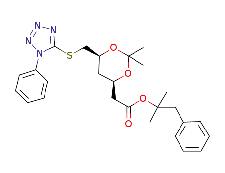 Molecular Structure of 1257341-65-3 (2-methyl-1-phenylpropan-2-yl 2-((4R,6S)-2,2-dimethyl-6-((1-phenyl-1H-tetrazol-5-ylthio)methyl)-1,3-dioxan-4-yl)acetate)