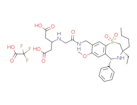 Molecular Structure of 1345982-97-9 (3-{[2-({[(3R,5R)-3-butyl-3-ethyl-7-(methyloxy)-1,1-dioxido-5-phenyl-2,3,4,5-tetrahydro-1,4-benzothiazepin-8-yl]methyl}amino)-2-oxoethyl]amino}pentanedioic acid trifluoroacetate)