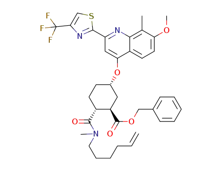 Molecular Structure of 1265882-93-6 ((1R,2R,4R)-2-(hex-5-enylmethylcarbamoyl)-5-[7-methoxy-8-methyl-2-(4-trifluoromethylthiazol-2-yl)quinolin-4-yloxy]cyclohexane carboxylic acid benzyl ester)