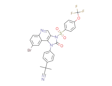 Molecular Structure of 1260167-21-2 (2-(4-(8-bromo-2-oxo-3-(4-(trifluoromethoxy)phenylsulfonyl)-2,3-dihydro-1H-imidazo[4,5-c]quinolin-1-yl)phenyl)-2-methylpropanenitrile)