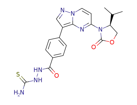 Molecular Structure of 1269646-73-2 ((S)-2-(4-(5-(4-isopropyl-2-oxooxazolidin-3-yl)pyrazolo[1,5-a]pyrimidin-3-yl)benzoyl)hydrazinecarbothioamide)