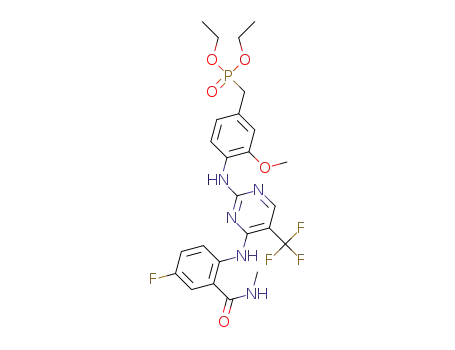 Molecular Structure of 1257994-19-6 (diethyl (4-{[4-{[4-fluoro-2-(methylcarbamoyl)phenyl]amino}-5-(trifluoromethyl)pyrimidin-2-yl]amino}-3-methoxybenzyl)phosphonate)