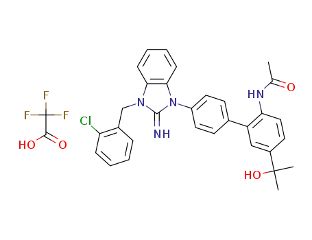 Molecular Structure of 1352873-11-0 (N-[4'-[3-(2-chloro-benzyl)-2-imino-2,3-dihydro-benzoimidazol-1-yl]-5-(1-hydroxy-1-methyl-ethyl)-biphenyl-2-yl]-acetamide trifluoroacetic acid)