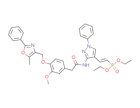 Molecular Structure of 675144-65-7 (Phosphonic acid,
[(1E)-2-[3-[[[3-methoxy-4-[(5-methyl-2-phenyl-4-oxazolyl)methoxy]phenyl]
acetyl]amino]-1-phenyl-1H-pyrazol-4-yl]ethenyl]-, diethyl ester)