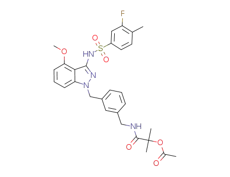 Molecular Structure of 1361330-53-1 (2-{[(3-{[3-{[(3-fluoro-4-methylphenyl)sulfonyl]amino}-4-(methyloxy)-1H-indazol-1-yl]methyl}phenyl)methyl]amino}-1,1-dimethyl-2-oxoethyl acetate)