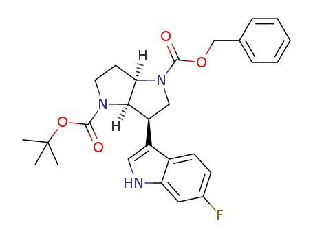 Molecular Structure of 1257235-68-9 ((3aR,6aR)-6R-(6-fluoro-1H-indol-3-yl)-octahydro-pyrrolo[3,2-b]pyrrole-1,3,4-tricarboxylic acid 1-benzyl ester 4-tert-butyl ester)