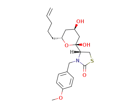 Molecular Structure of 911040-45-4 ((R)-4-((2R,4R,6R)-2,4-dihydroxy-6-(pent-4-enyl)-tetrahydro-2H-pyran-2-yl)-3-(4-methoxybenzyl)thiazolidin-2-one)