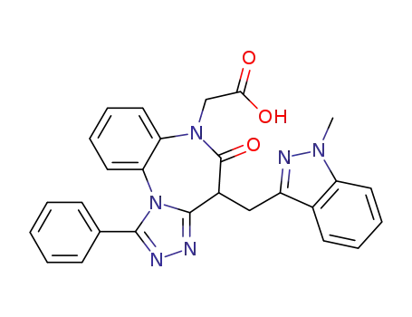 Molecular Structure of 1228935-24-7 ({4-[(1-methyl-1H-indazol-3-yl)methyl]-5-oxo-1-phenyl-4,5-dihydro-6H-[1,2,4]triazolo[4,3-a][1,5]benzodiazepin-6-yl}acetic acid.)