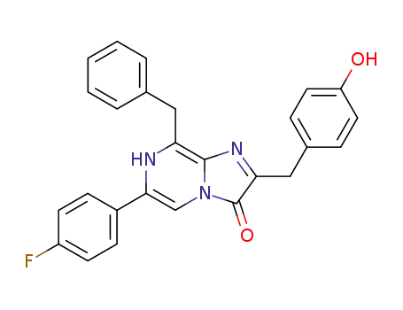 Molecular Structure of 123437-48-9 (Imidazo[1,2-a]pyrazin-3(7H)-one,  6-(4-fluorophenyl)-2-[(4-hydroxyphenyl)methyl]-8-(phenylmethyl)-)