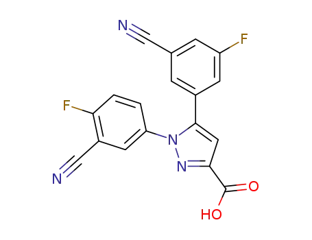 Molecular Structure of 1187919-35-2 (1-(3-Cyano-4-fluorophenyl)-5-(3-cyano-5-fluorophenyl)-1H-pyrazole-3-carboxylic acid)