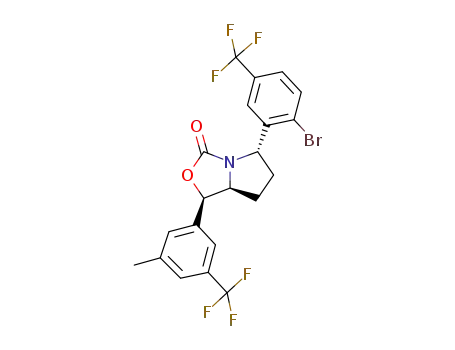 Molecular Structure of 1432055-13-4 ((1R,5S,7aS)-5-[2-bromo-5-(trifluoromethyl)phenyl]-1-[3-methyl-5-(trifluoromethyl)phenyl]tetrahydro-1H-pyrrolo[1,2-c][1,3]oxazol-3-one)