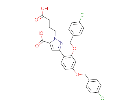Molecular Structure of 821780-34-1 (1H-Pyrazole-1-butanoic acid,
3-[2,4-bis[(4-chlorophenyl)methoxy]phenyl]-5-carboxy-)
